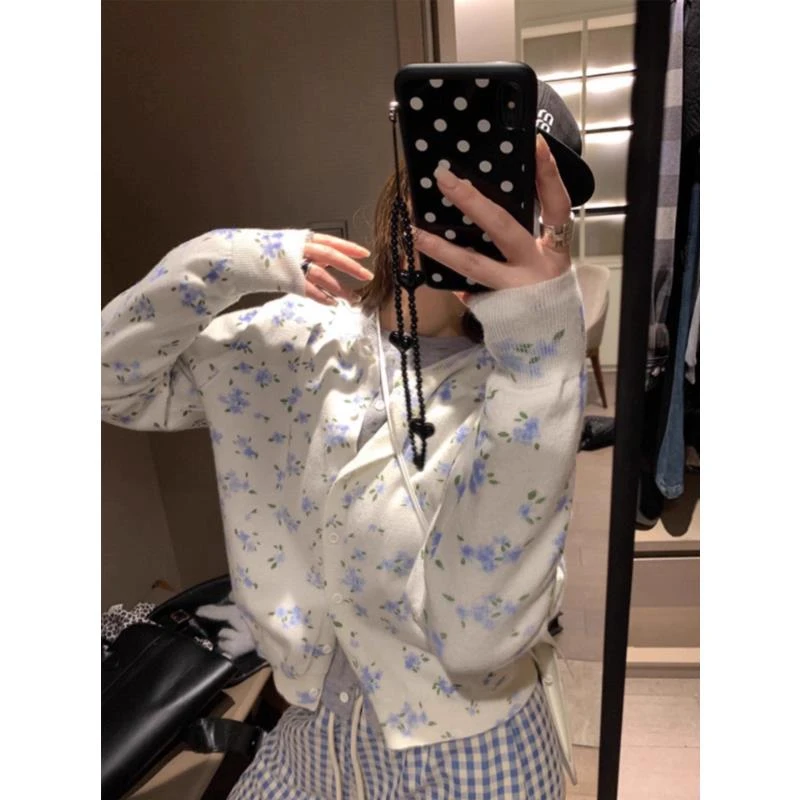 韩系清新碎花针织开衫女2025秋季新款上衣长袖温柔风宽松毛衣外套