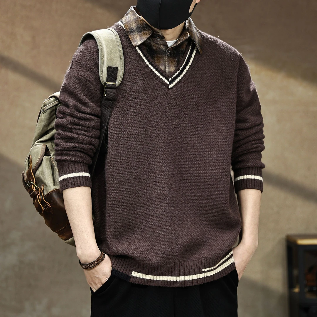 美式高端假两件衬衫领毛衣男秋冬新款加厚保暖复古休闲针织衫外套
