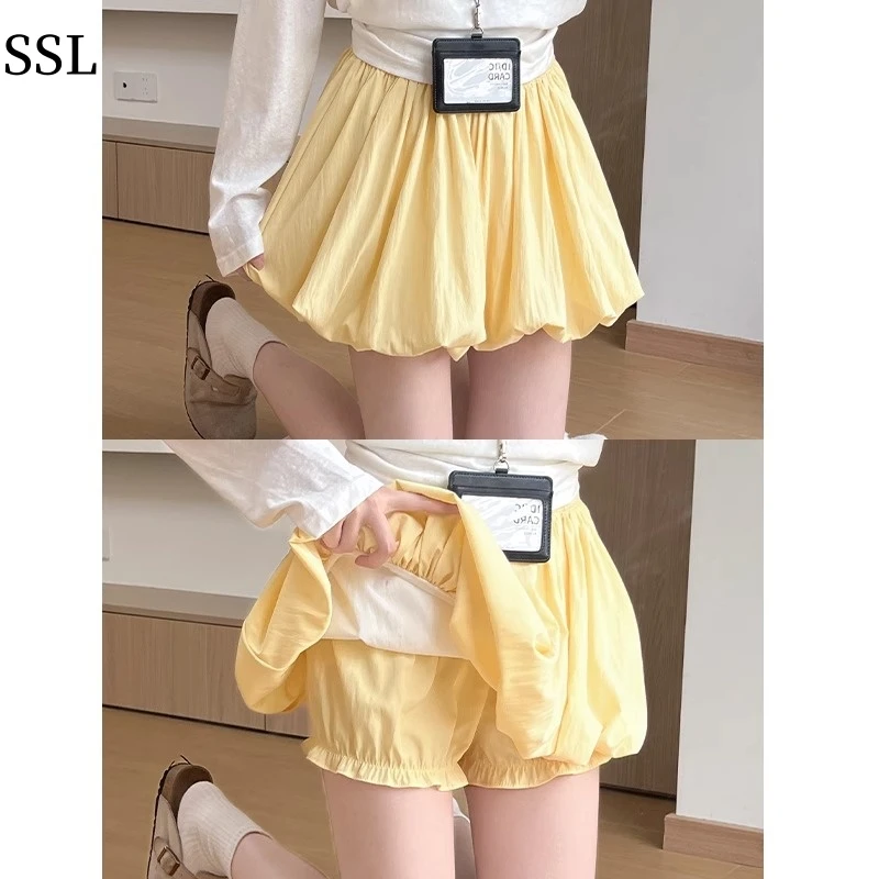 黄色冰丝花苞裙裤女夏季2025新款高腰显瘦短裙小个子宽松阔腿短裤