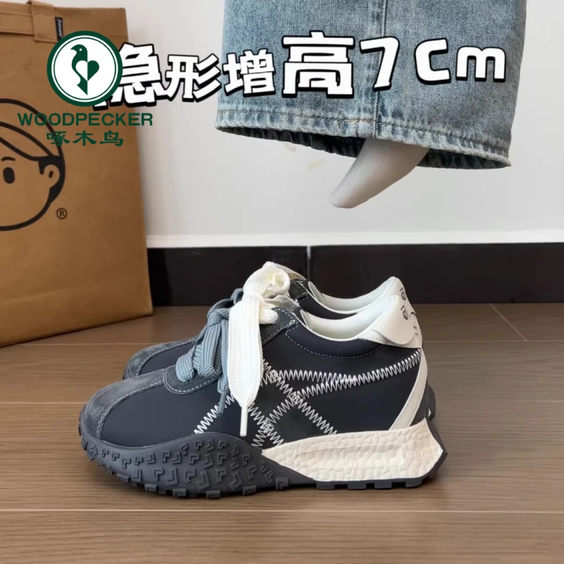 啄木鸟内增高7cm德训鞋女鞋子春秋季新款厚底休闲女鞋阿甘鞋女款