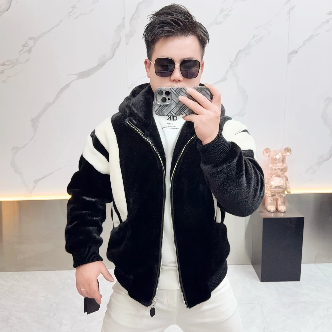 2025冬季欧货男士仿皮草外套时尚痞帅条纹拼接重工连帽休闲高端
