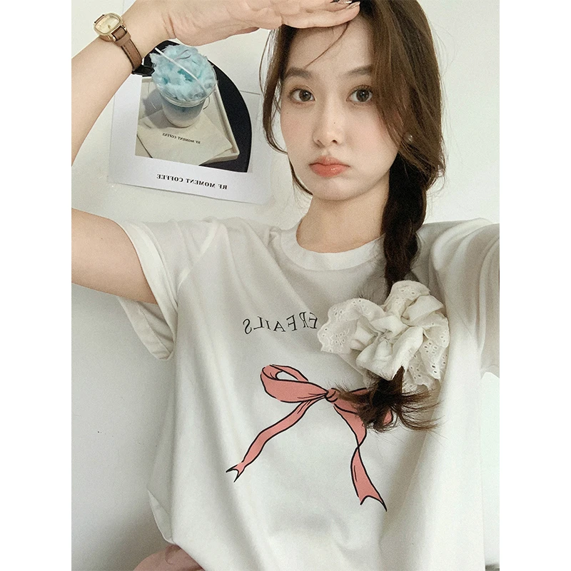 美洋MEIYANG蝴蝶结T恤螺纹拉架|甜美少女_撞色字母印花圆领短袖夏