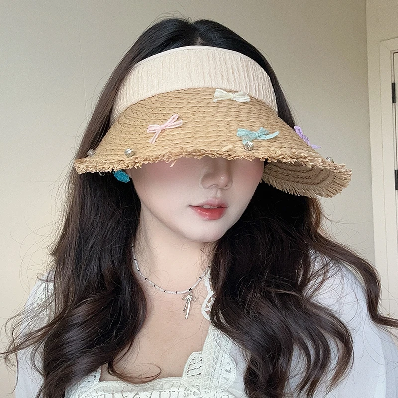 ［大头阿枝］夏季彩色蝴蝶结水钻遮阳帽子女时尚太阳帽碎边空顶草帽