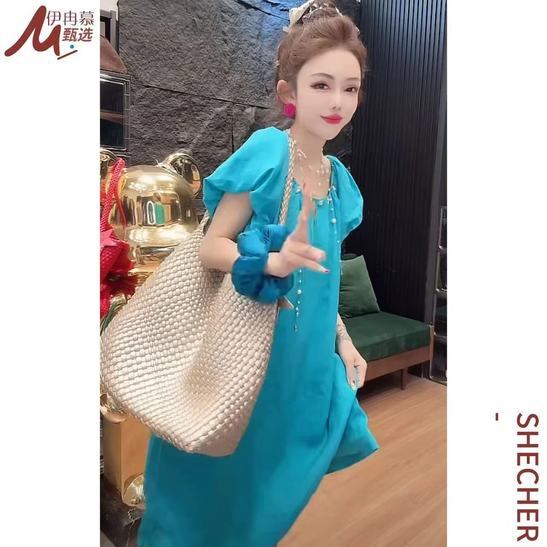 【伊冉慕甄选】泡泡袖夏季宽松腰方领连衣裙纯色山本风25059现