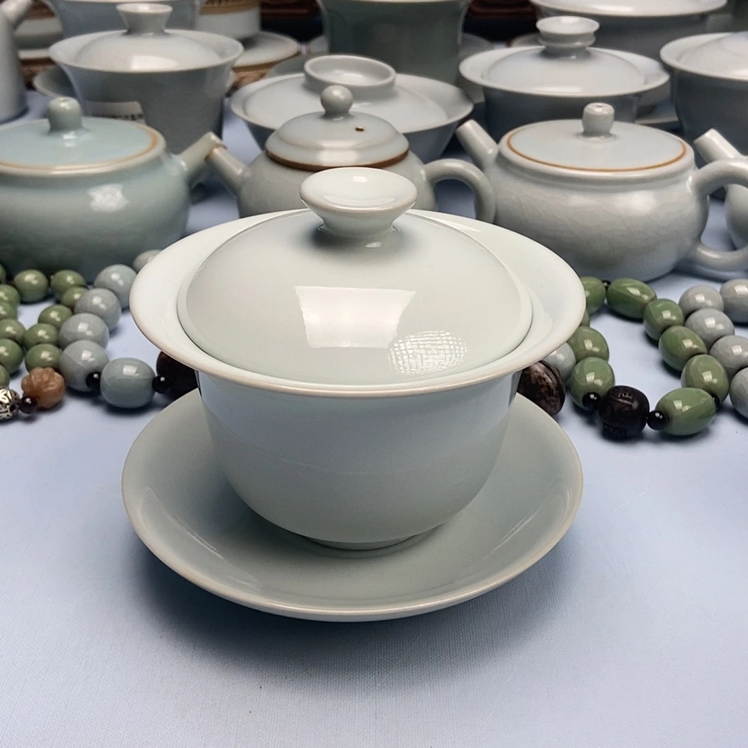 杯月白釉三财元宝盖碗原矿原釉原产地