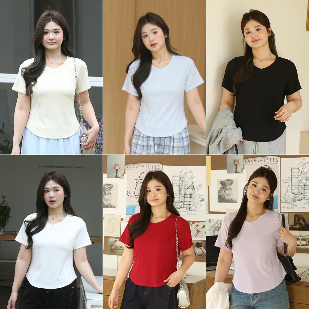 【C】2025夏季新款纯色基础款V领正肩显瘦短袖 5315