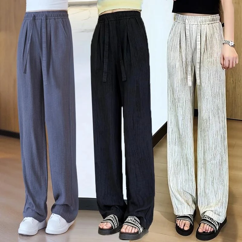 冰丝阔腿裤扎染女春夏季新款高腰抽绳肌理感慵懒美式休闲拖地裤子