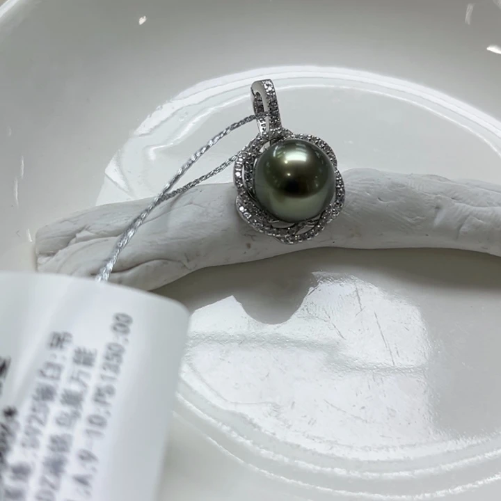 银S925镶嵌吊坠(不含链)海水珍珠9-10mm孔雀绿