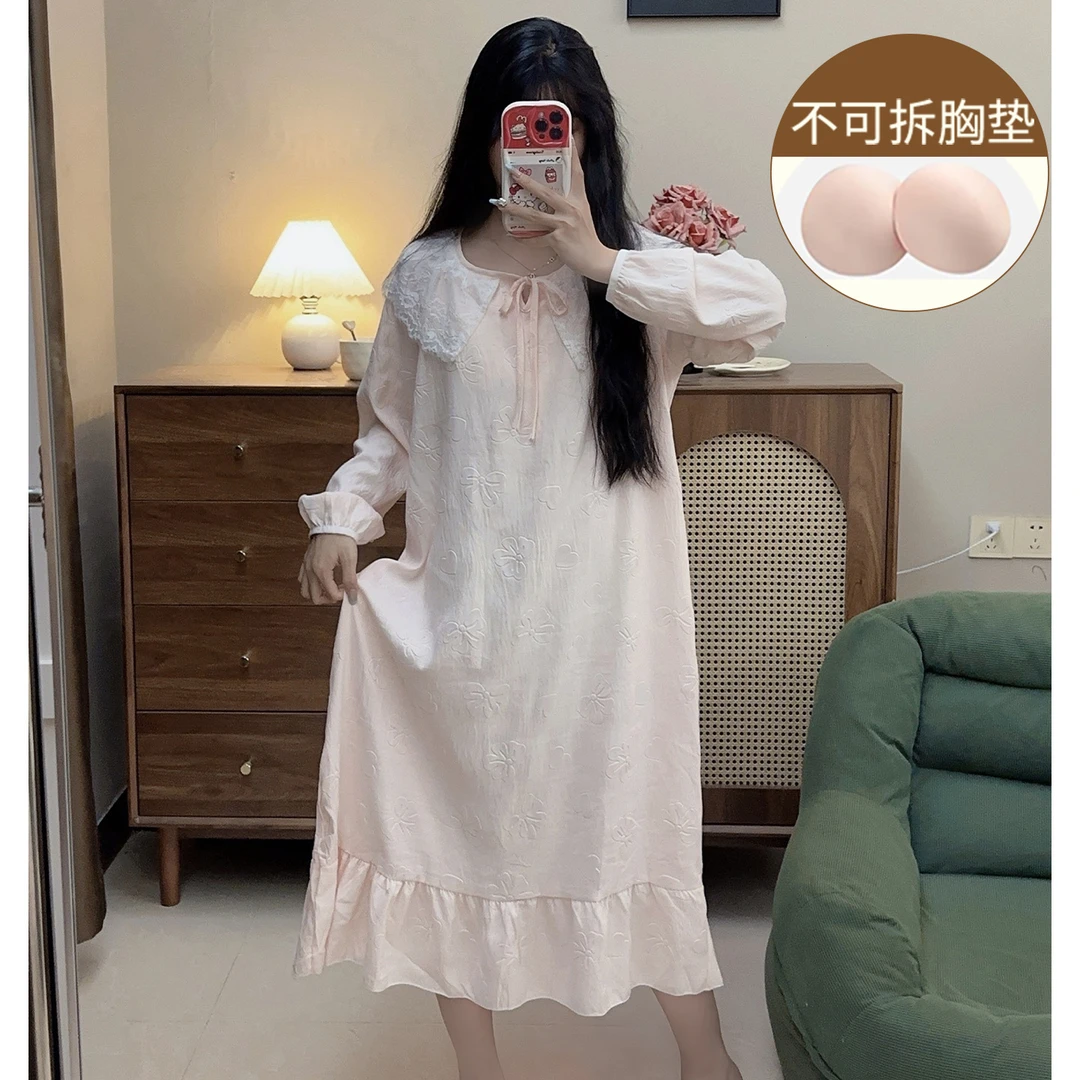 温柔风蕾丝睡裙女云朵棉长袖中长款睡衣裙少女春秋季带胸垫家居服