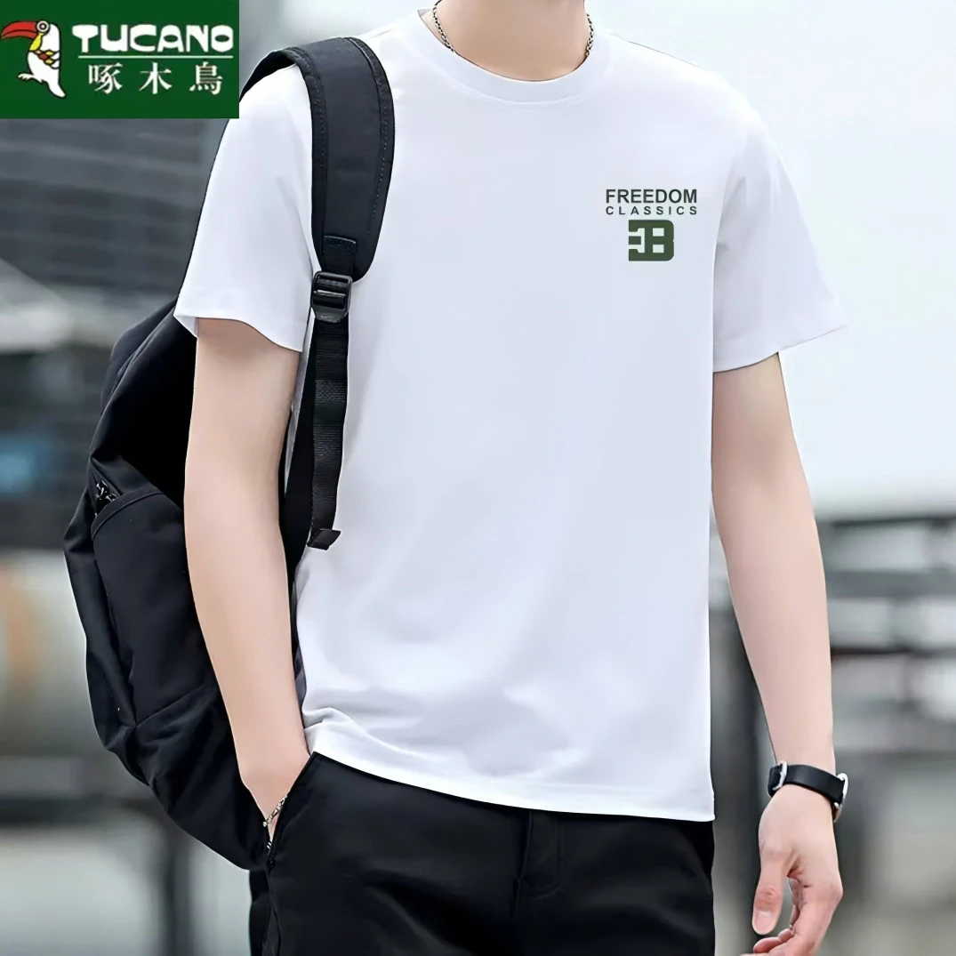 啄木鸟夏季纯棉简约短袖运动上衣宽松休闲时尚圆领透气半袖T男生