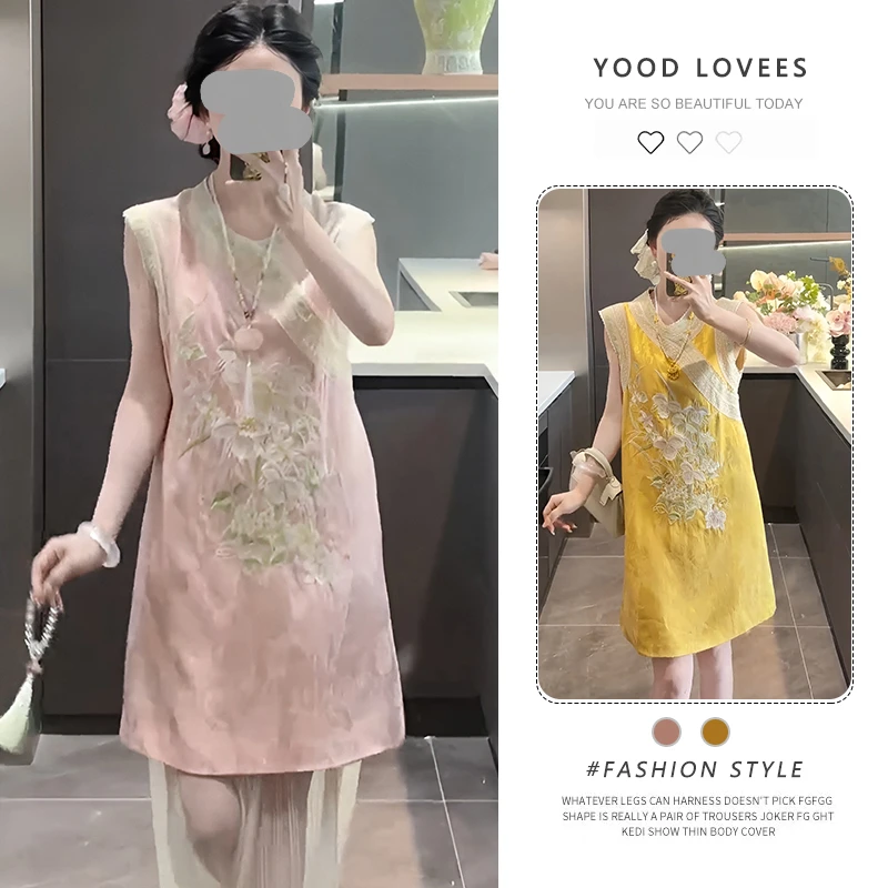 新中式国风2025女装夏季新款刺绣无袖蕾丝斜襟时尚设计感连衣裙潮