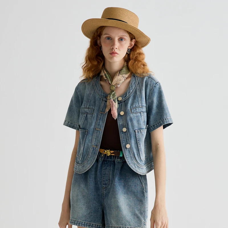 谜底外套短袖女2025夏季新品复古风宽松H型短款牛仔外套252MW0633