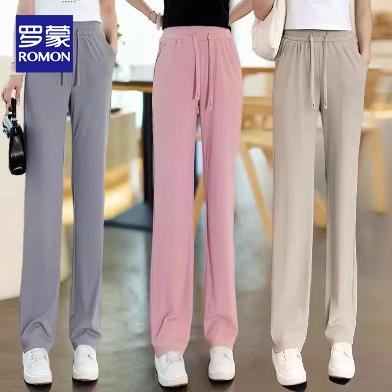 罗蒙女装冰丝窄版阔腿裤女夏薄款裤子2025垂感运动休闲直筒裤