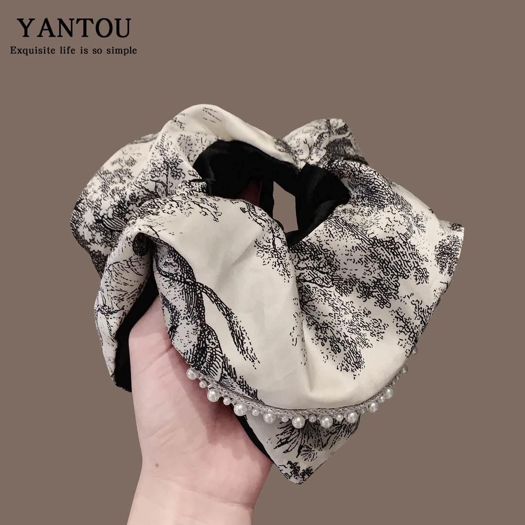 复古国风水墨珍珠方巾发圈女新款高级感扎丸子头弹力皮筋马尾头绳