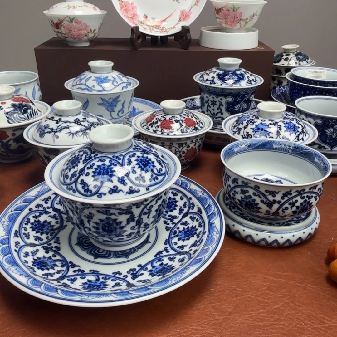 余***年陶摆件手绘双钩莲缠枝莲四件套景德镇发货