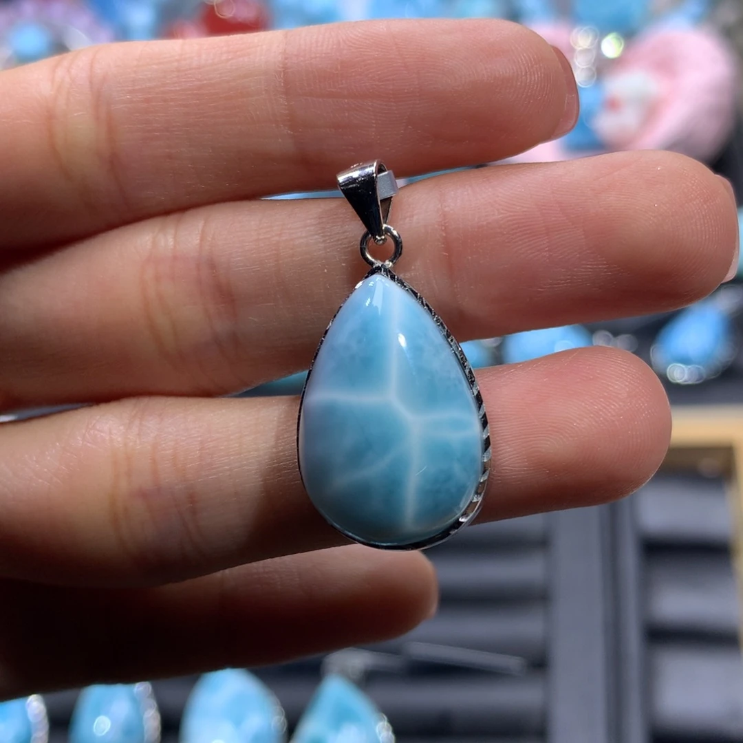 针钠钙石（海纹石）银S925镶嵌吊坠(不含链)水滴吊坠色差略异