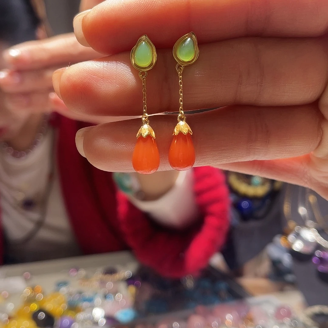 南红玛瑙银S925镶嵌耳饰大气款