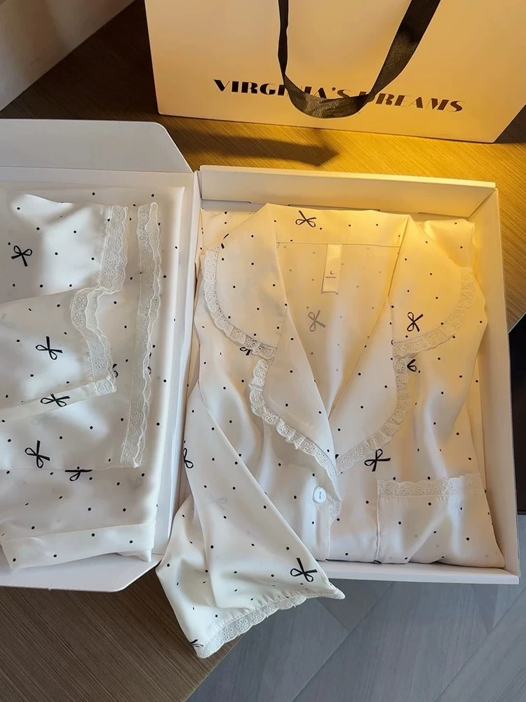 【波点蝴蝶结.】蕾丝花边波点蝴蝶结睡衣女春季新款少女休闲家居服