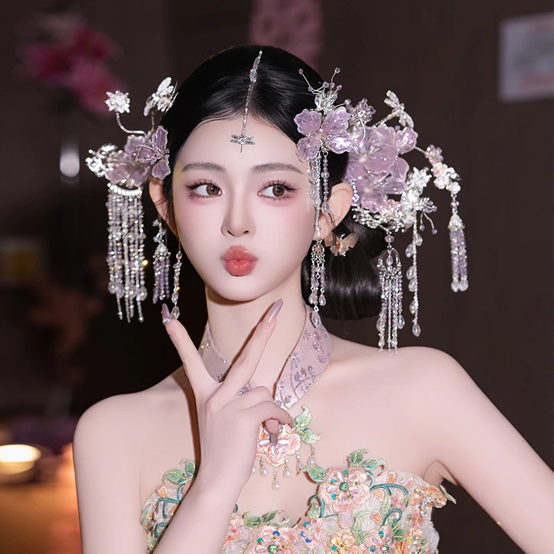 合金婚庆饰品 超仙氛围感新娘灵动浅色系新中式水晶流苏发饰D0502