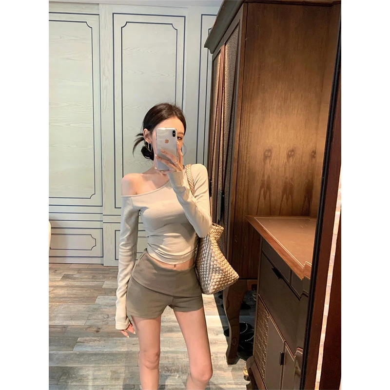 2025新款气质设计感时尚百搭休闲斜肩上衣T恤高腰紧身显瘦短裤