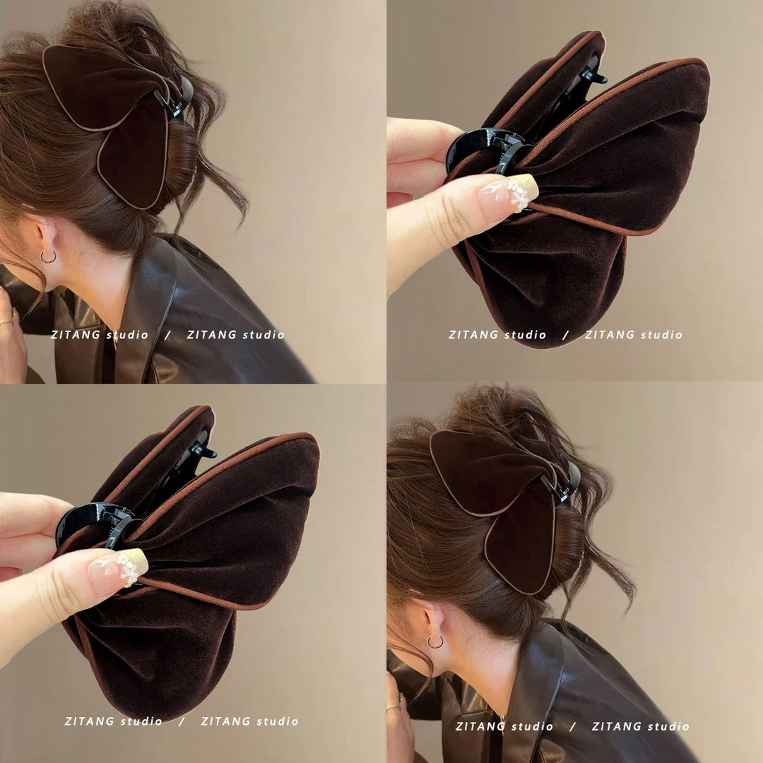 焦糖茶棕~咖色蝴蝶丝绒植绒抓夹水晶鲨鱼抓夹2025秋冬发卡头饰女！