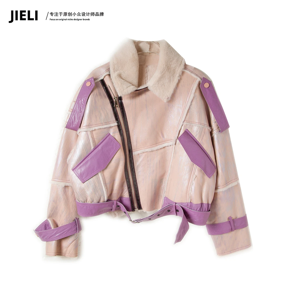 JIE LI/街力设计师高级时尚百搭定制紫色皮衣外套女W1757