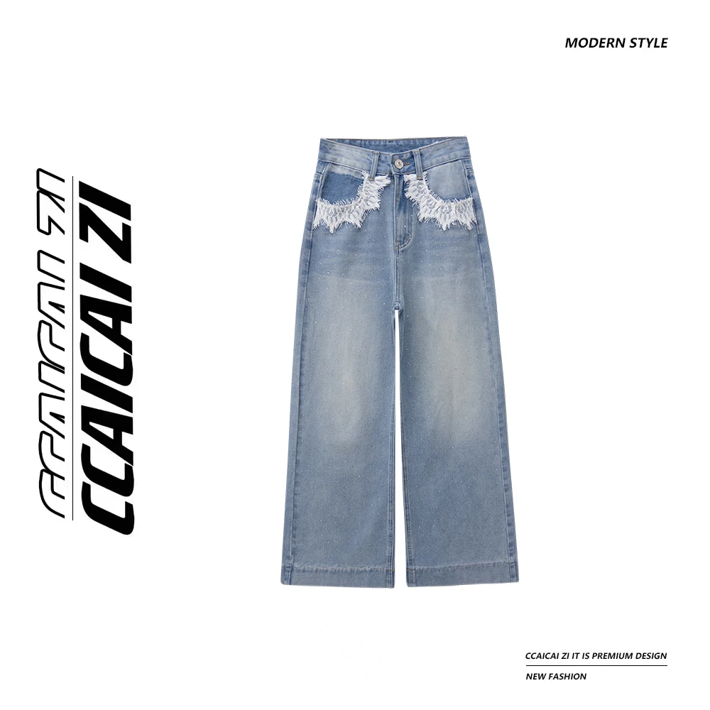 [no退no换]CCA244【蓝色海岸】重工蕾丝烫钻高腰宽松直筒牛仔裤