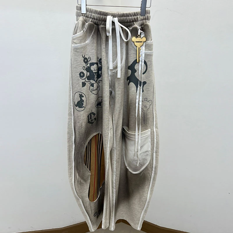 CHEERUPUNIFORM25夏季新品图腾竖纹喷脏大口袋直筒裤宽松阔腿百搭