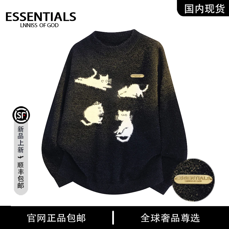 ESSENTIALS LNNISS 秋冬新款小猫印花可爱拼色复古圆领针织毛衣