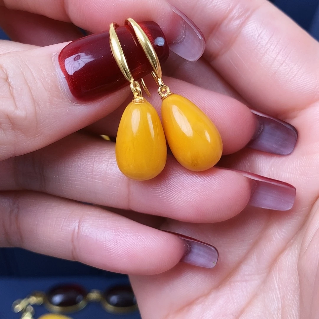 蜜蜡银S925镀金镶嵌耳饰