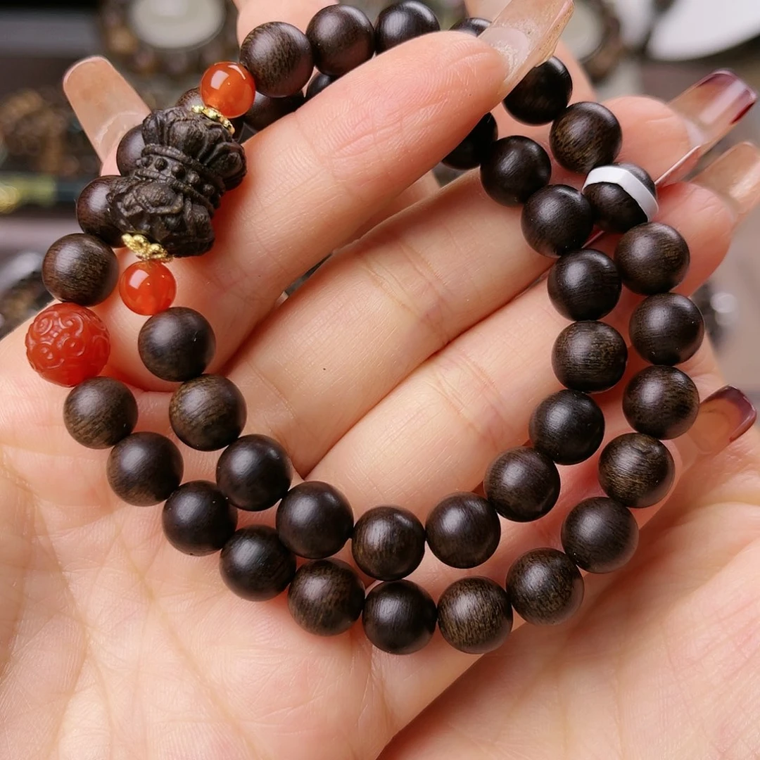 沉香手串紫棋玉化碳化老料0.8圆珠双圈款