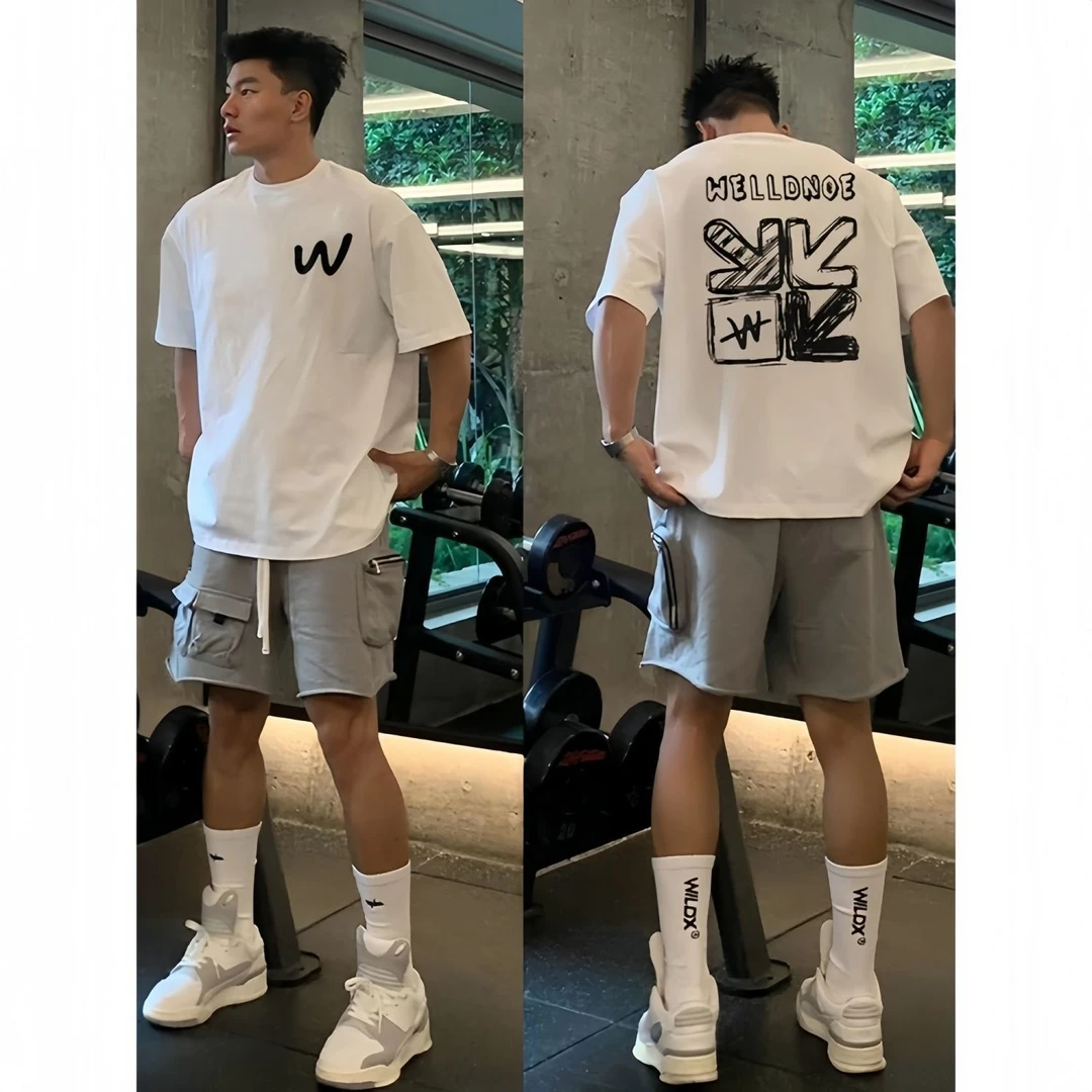 重磅纯棉夏季美式男士短袖T恤运动宽松潮流ins五分印花圆领街