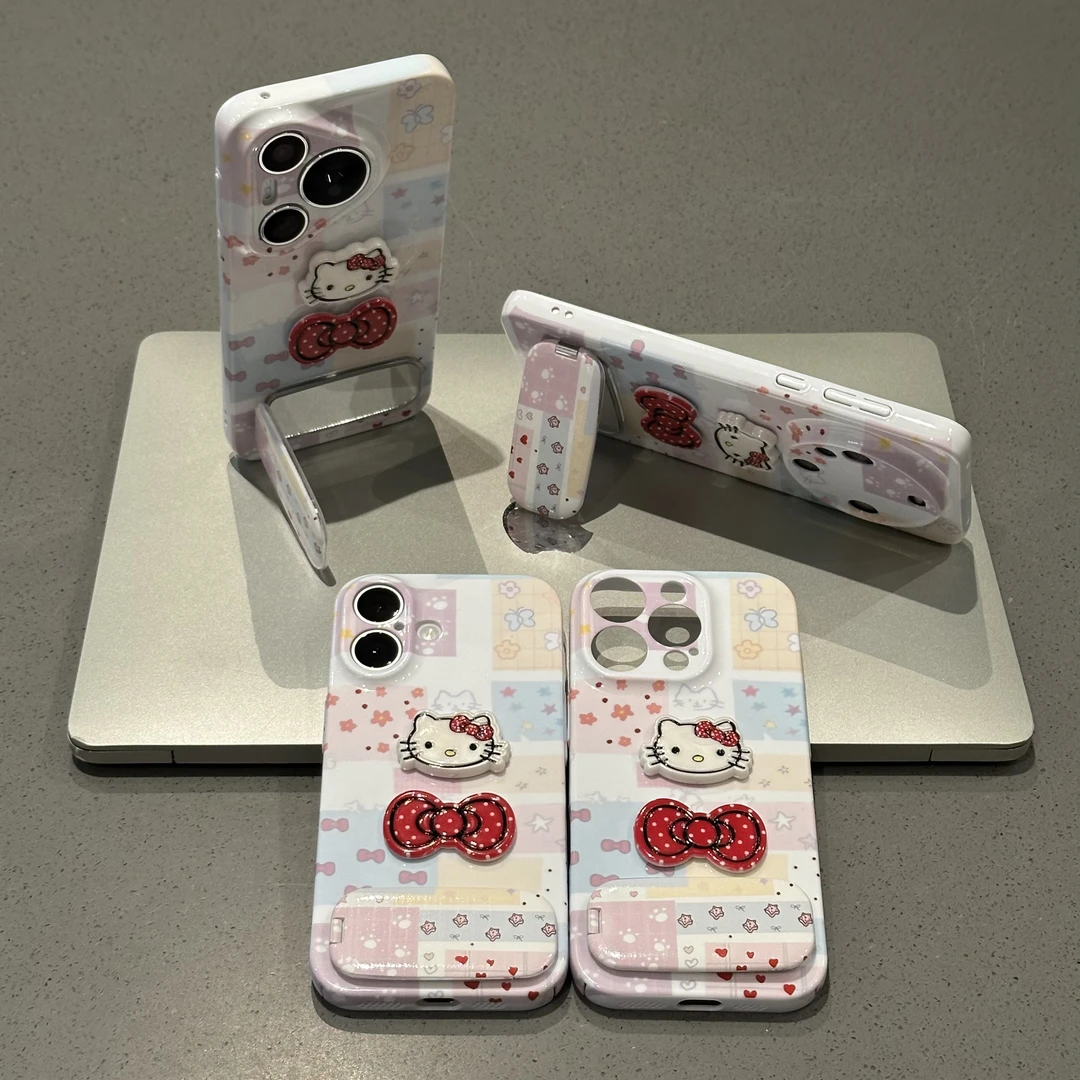 欧克里里碎花拼接立体凯蒂支架适用苹果16手机壳华为vivo小米oppo