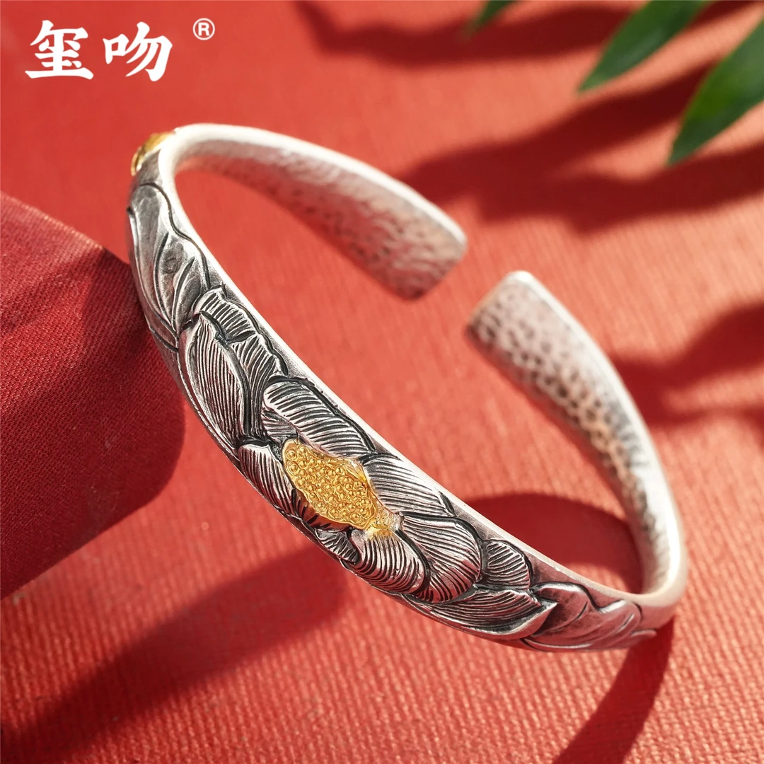 足银手镯 【玺吻】足银999.9 古法做旧锤纹足银莲花如意对口手镯