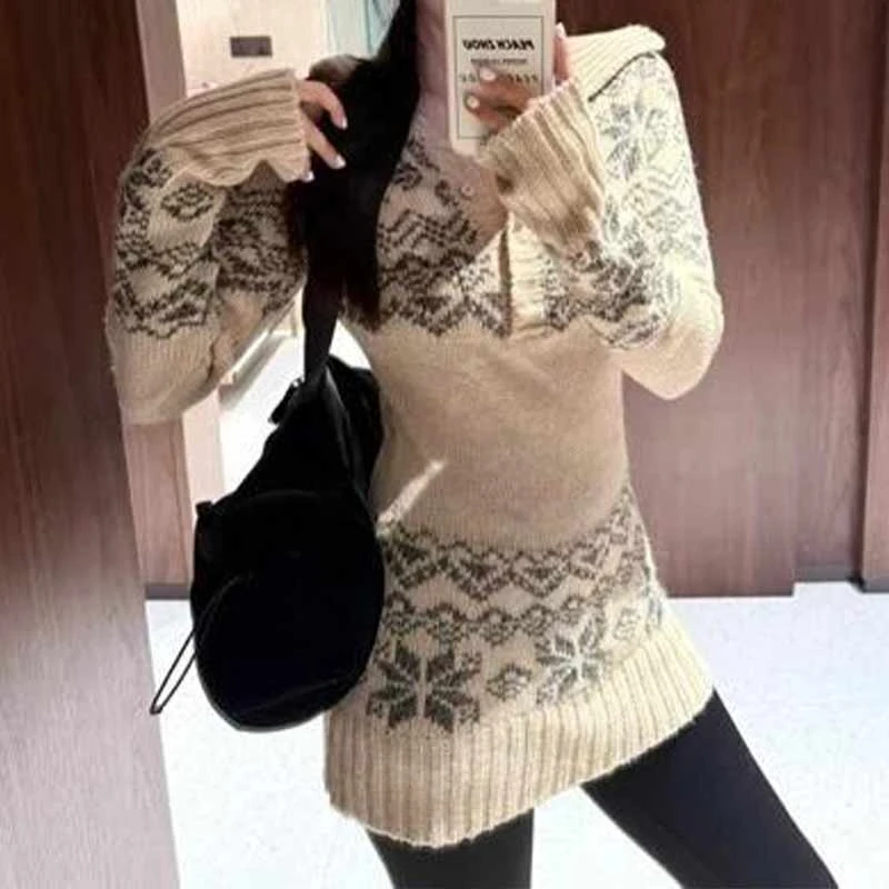 【雪国冰岛】混纺粗针冰岛纱提花针织衫气质修身翻领半系扣毛衣