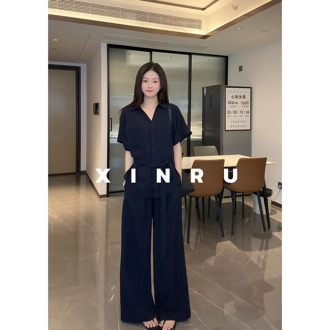 2025新款韩系短袖衬衫套装女夏季轻熟风通勤宽松阔腿裤休闲两件套