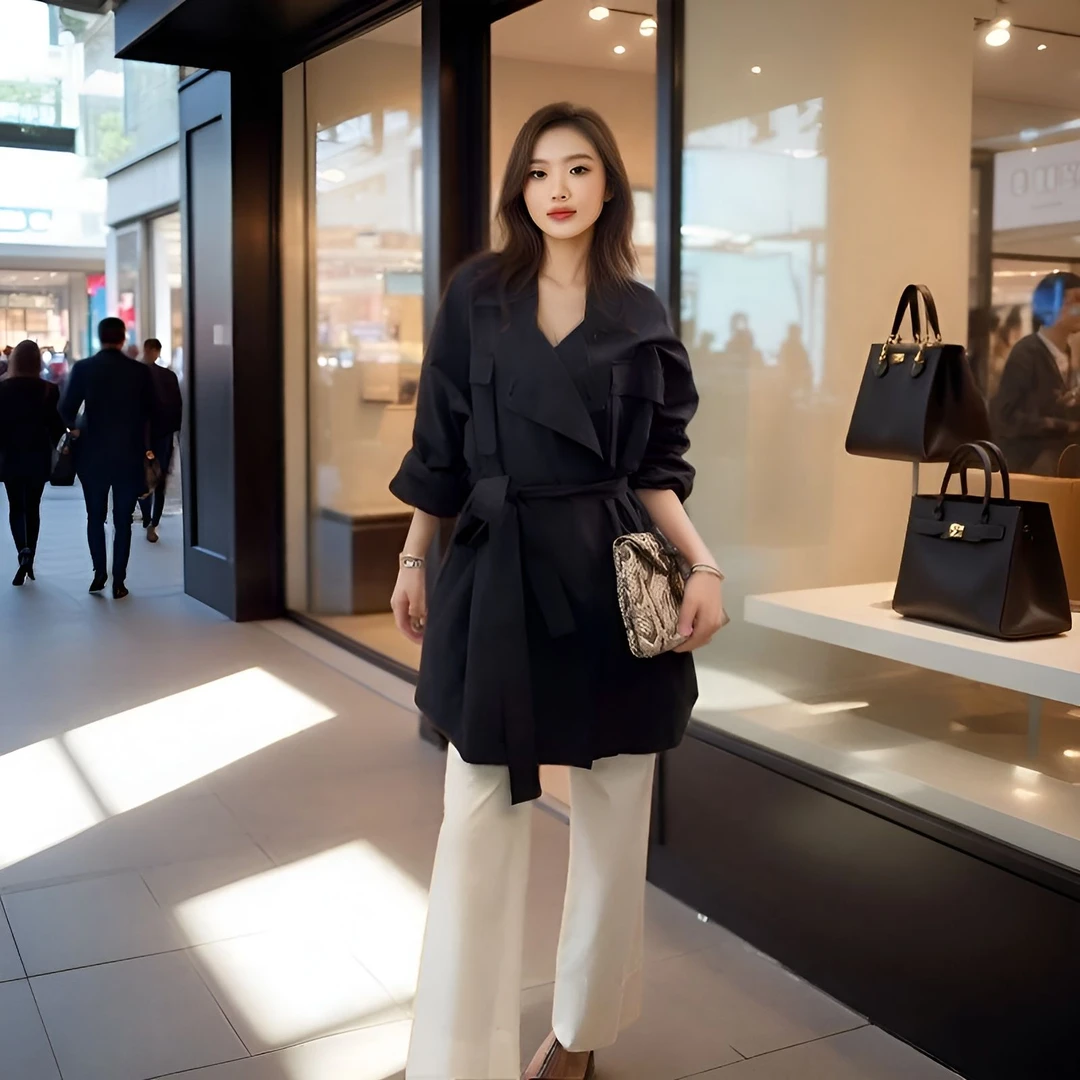 秋季宽松型女中长款风衣洋气收腰女神显瘦气质网红时尚黑色外套