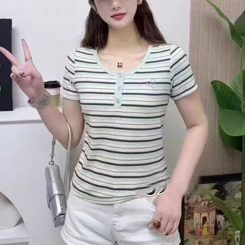 条纹短袖T恤女2025夏季新款休闲时尚韩版洋气显瘦百搭减龄上衣潮
