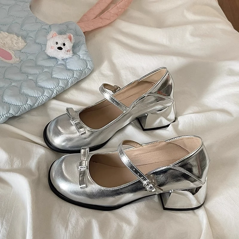 银色复古粗跟玛丽珍鞋女2025春季新款日系jk单鞋圆头蝴蝶结小皮鞋