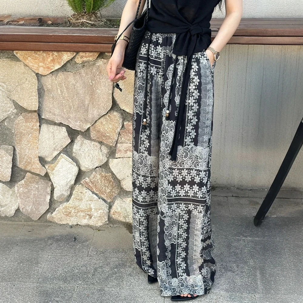 复古印花冰丝雪纺阔腿裤女夏季薄款透气高腰显瘦垂感直筒拖地裤