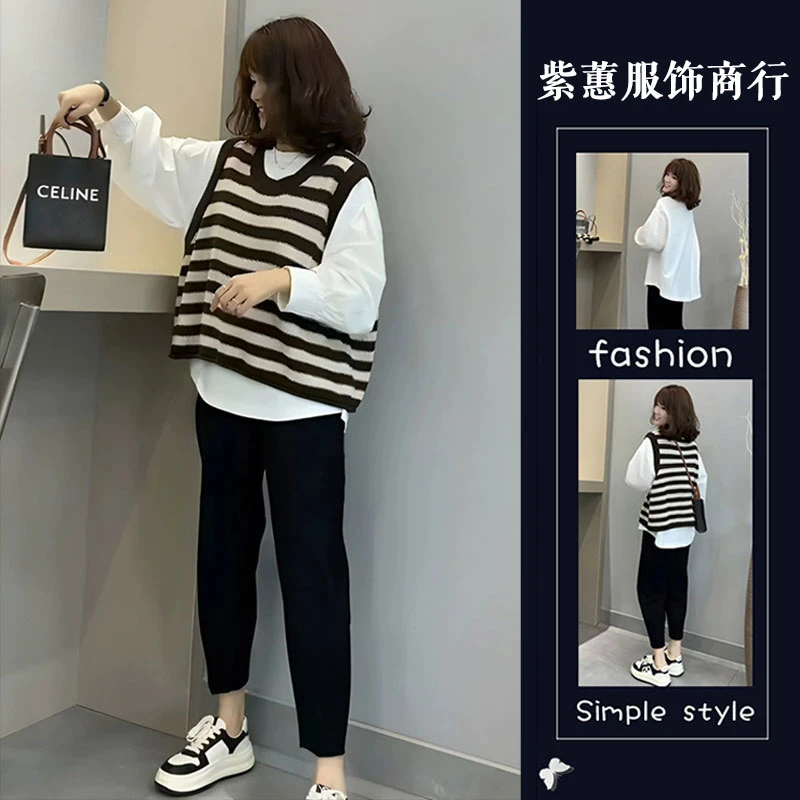 T236980+T236981+T236957显高时尚套装干练气质条纹上衣三件套女