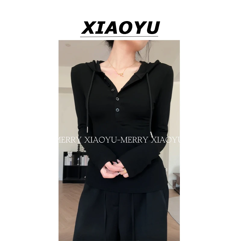 妙前小鱼【美式休闲】小众辣妹连帽休闲气质长袖T恤修身显瘦上衣