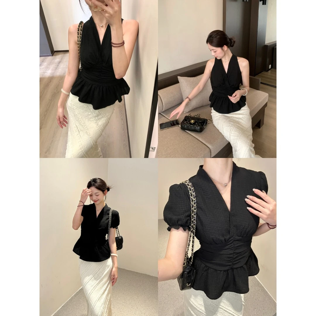 万万不熬夜【芭蕾黑巧】高级感气质V领无袖吊带设计感收腰显瘦上衣