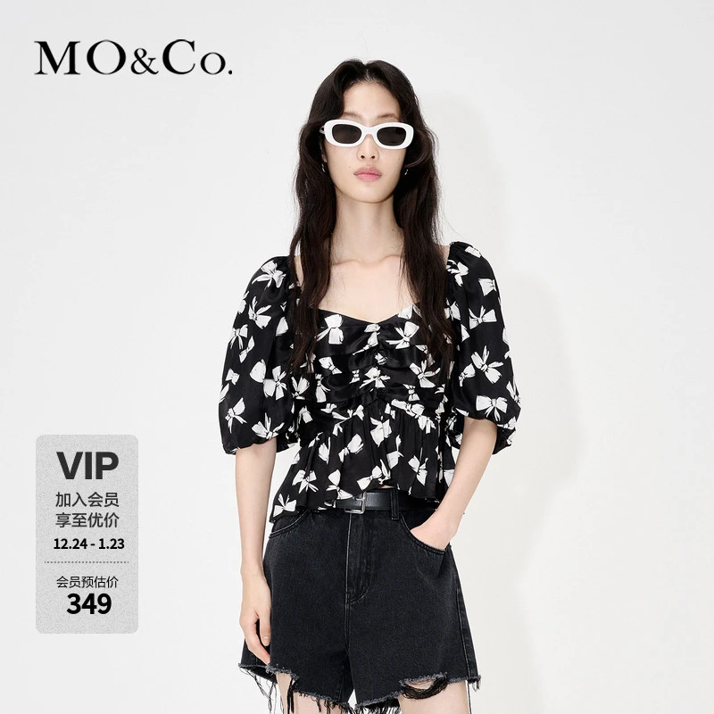 MOCO夏蝴蝶结印花抽褶露背泡泡袖短款上衣甜辣MBC2TOP035