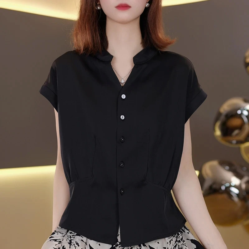 设计感时尚v领短袖T恤女2025夏季新款洋气显瘦气质高级感小衫女