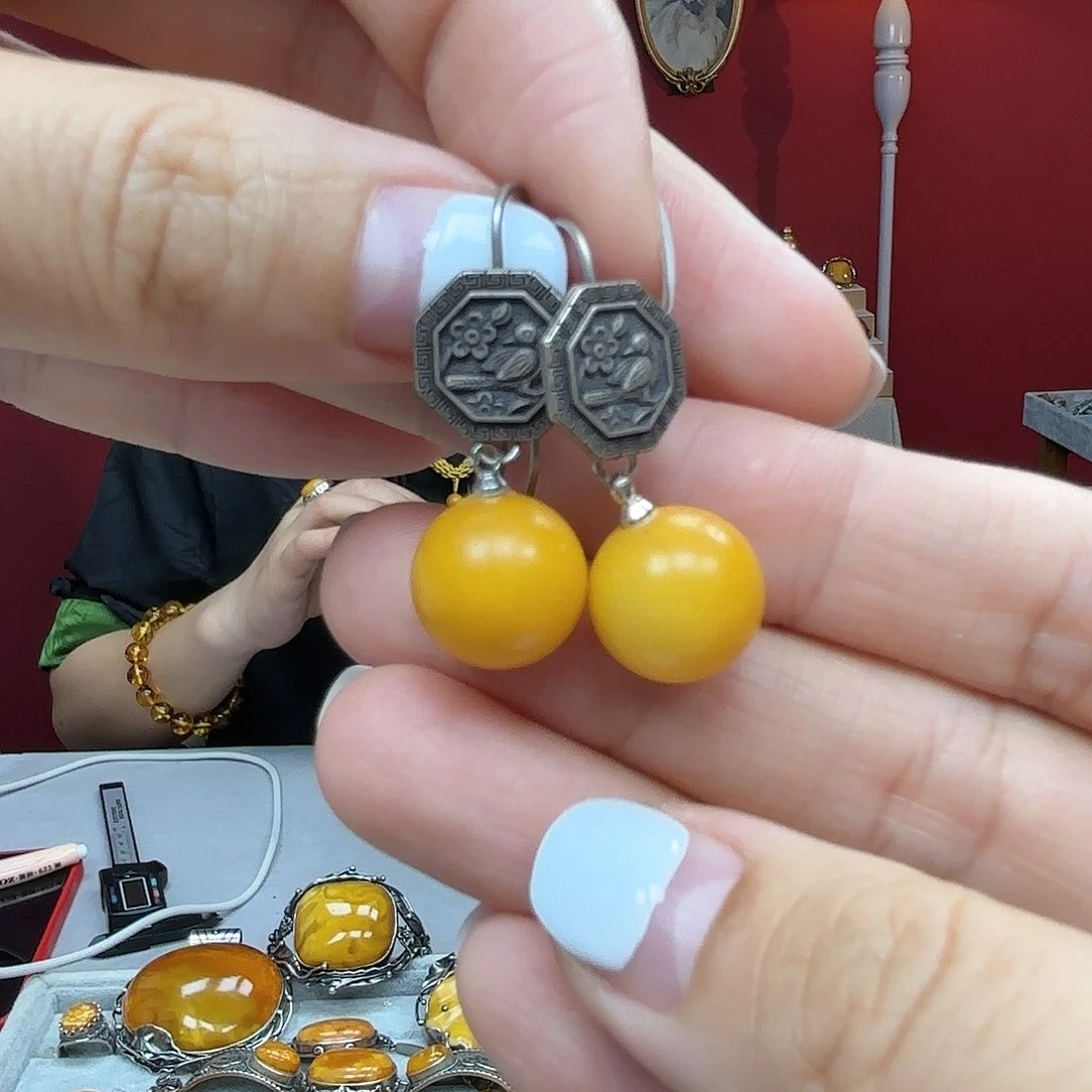 琥珀裸石银S925镶嵌31耳坠