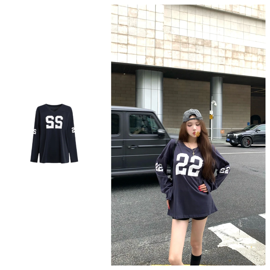 美式藏青色字母印花v领长袖T恤女早秋慵懒松弛感宽松显瘦休闲上衣