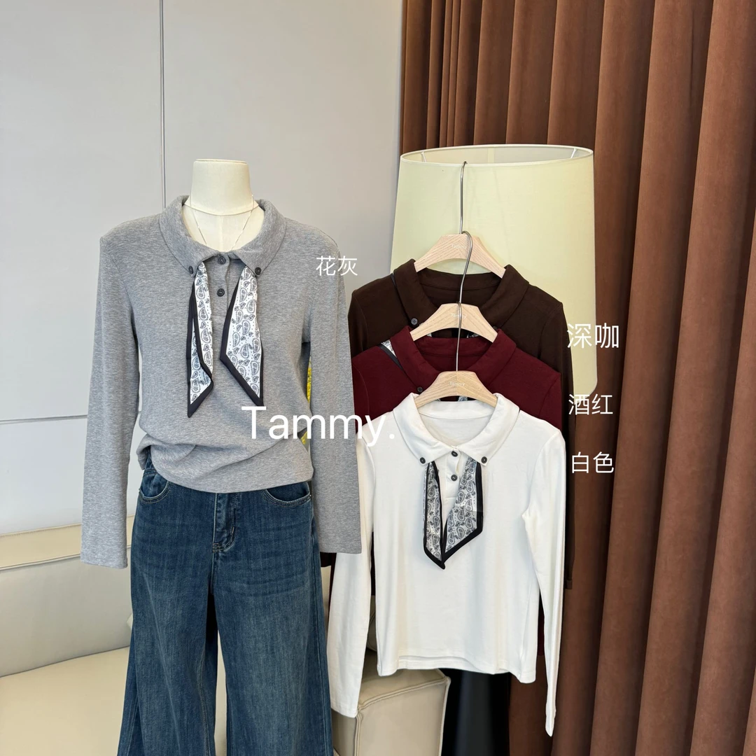 Tammy高级感polo领配丝巾女秋季翻领气质长袖上衣