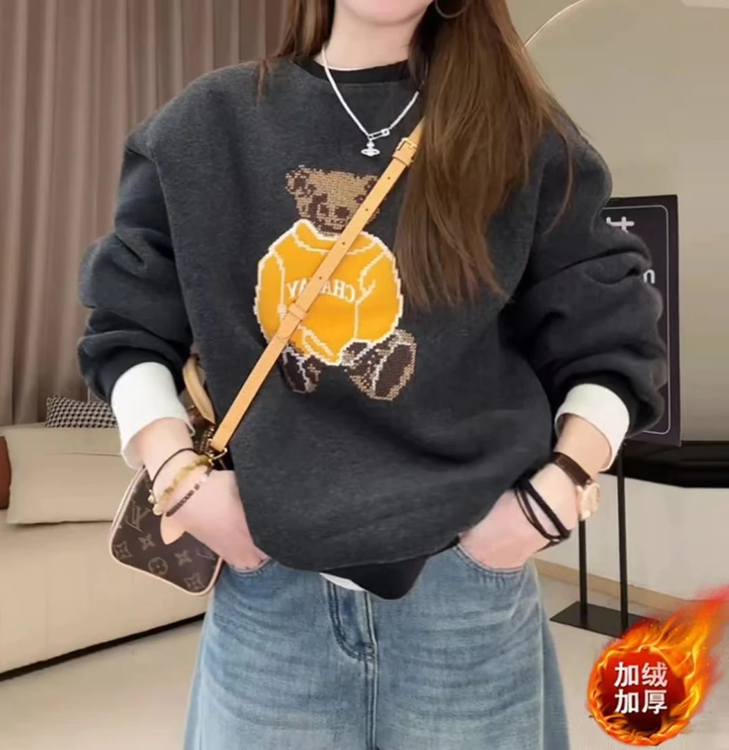 韩版卡通小熊圆领卫衣女2025冬季新款加绒加厚宽松显瘦减龄上衣潮