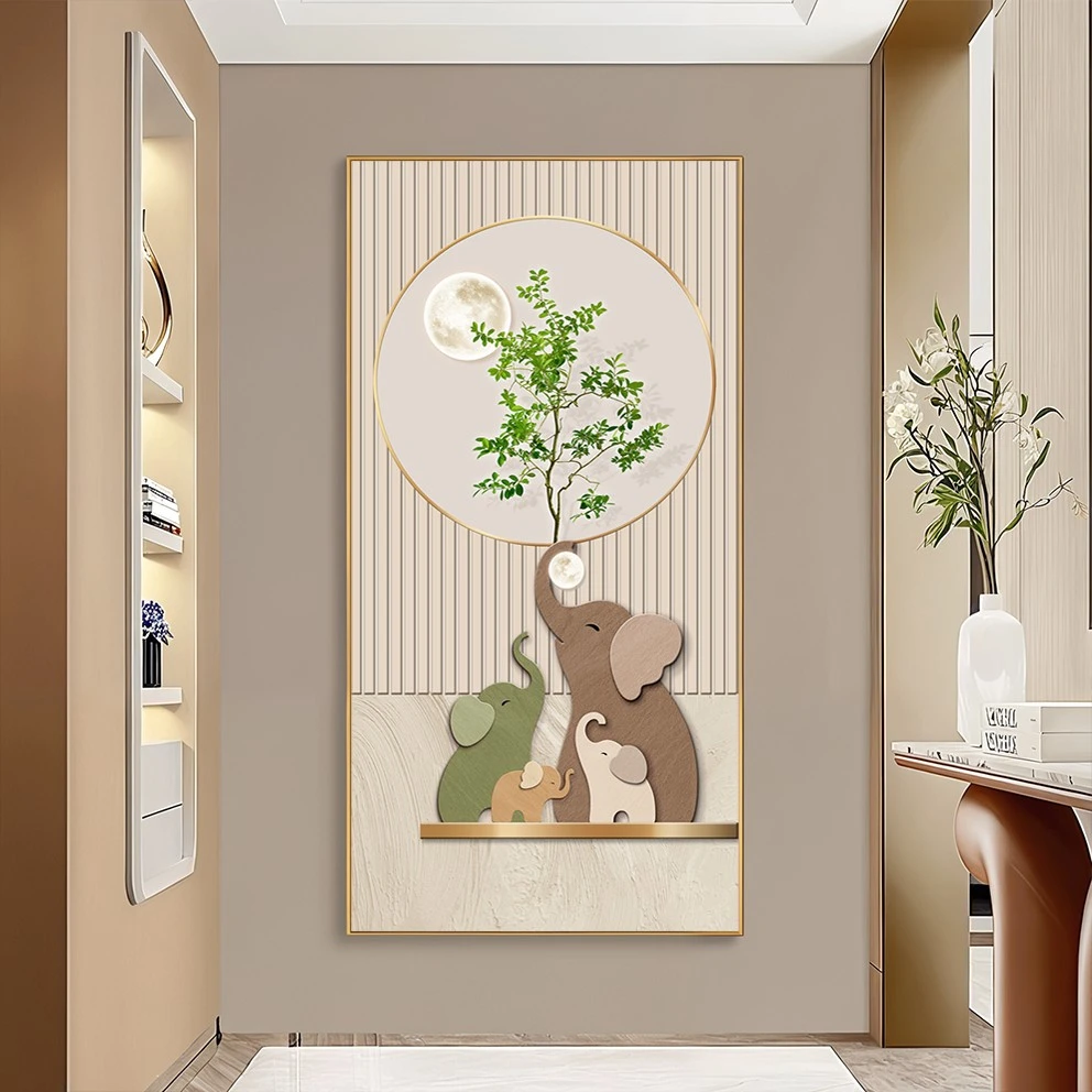 现代简约大象入户玄关装饰画奶油风绿植走廊过道背景墙壁竖版挂画